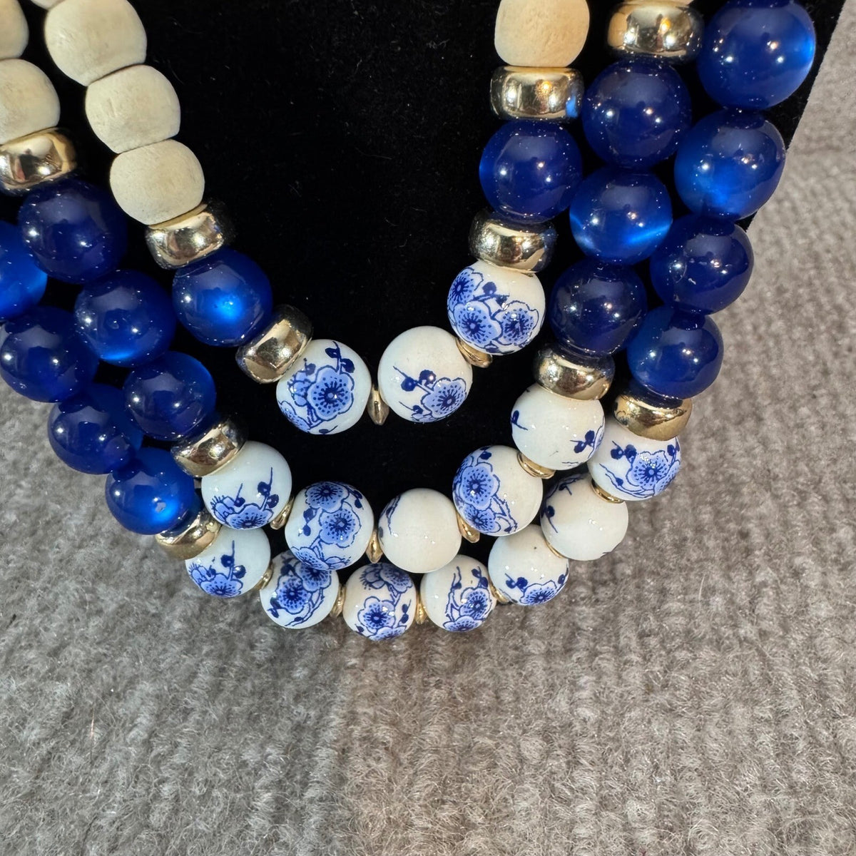 Multi Strand Beaded Necklace Women OS Blue White Wood Ceramic Statement Coastal