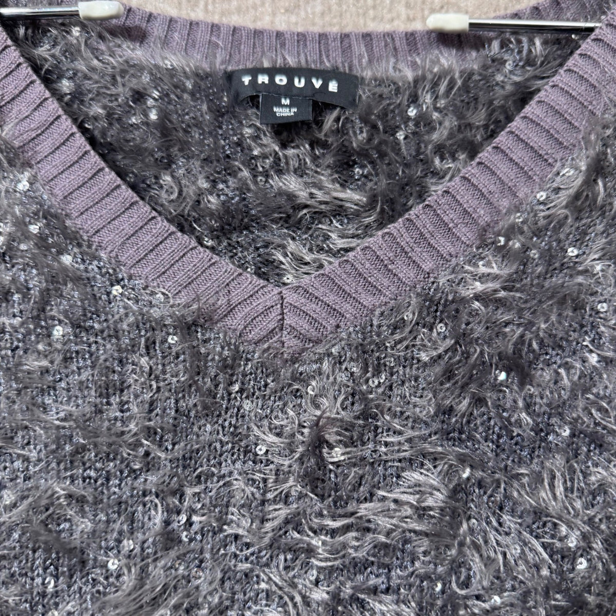 TROUVE Gray Sparkly Fuzzy Eyelash Knit Sequin V Neck Long Sleeve Sweater Size M