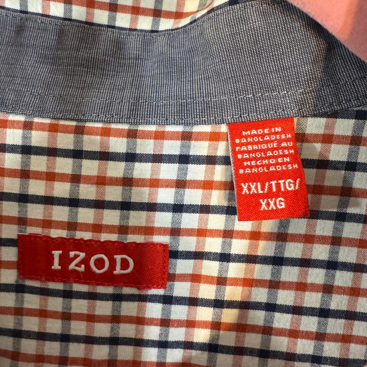 IZOD Button Down Shirt Mens XXL Orange Blue Plaid Long Sleeve Casual Preppy