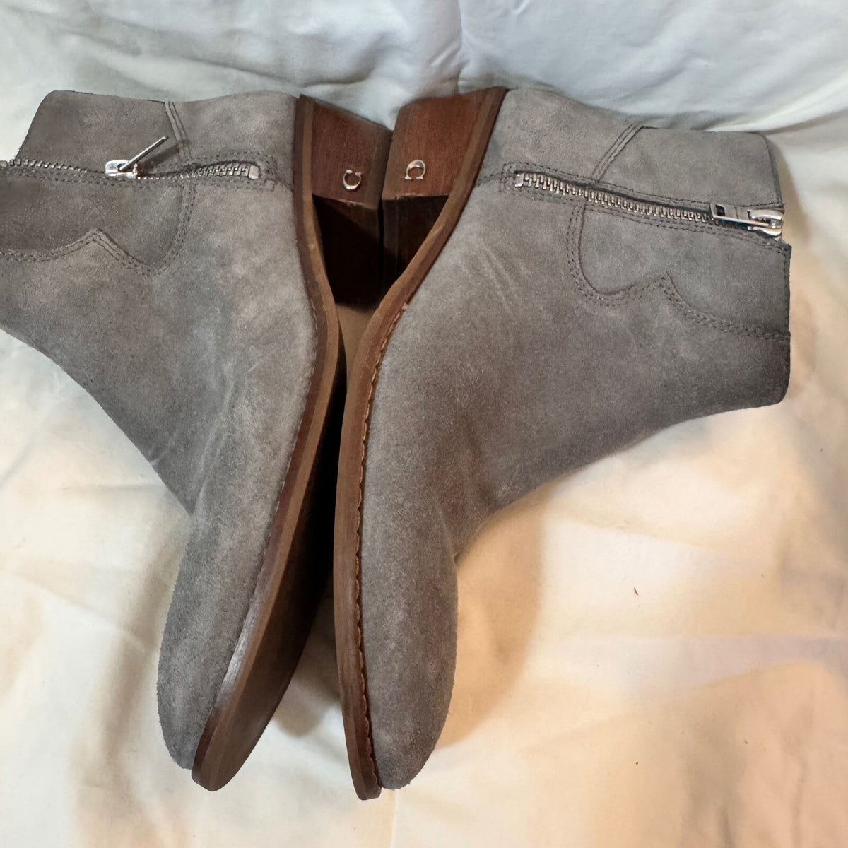 Coach Suede Ankle Boots Womens 7 Grey Zip Up Block Heel Minimalist Boho