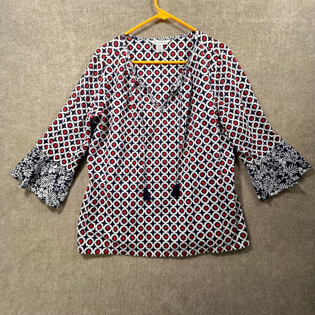 Tommy Bahama Women's M/M 100% Cotton Geometric Red Blue White Bell Sleeve Top