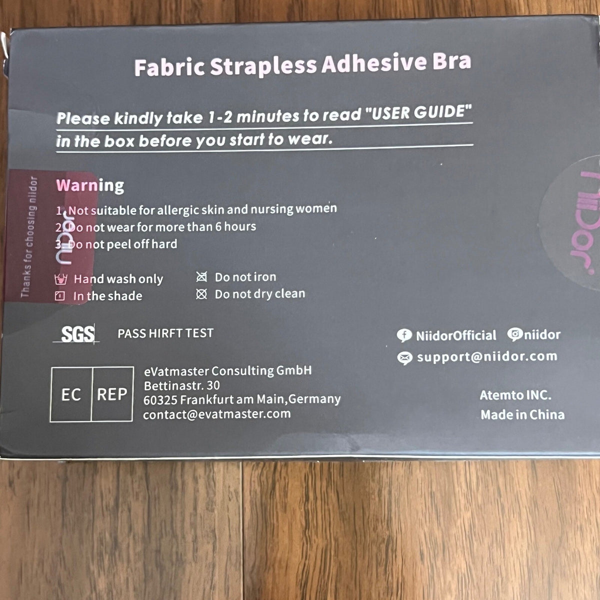 Niidor Fabric Strapless Adhesive Bra NIB Size F Black Backless Invisible Pushup