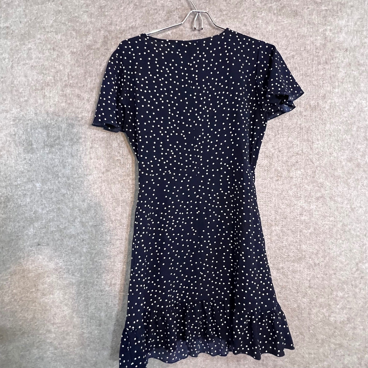 Relipop Polka Dot Wrap Dress Womens Small Navy Ruffle Hem Flutter Sleeve Mini