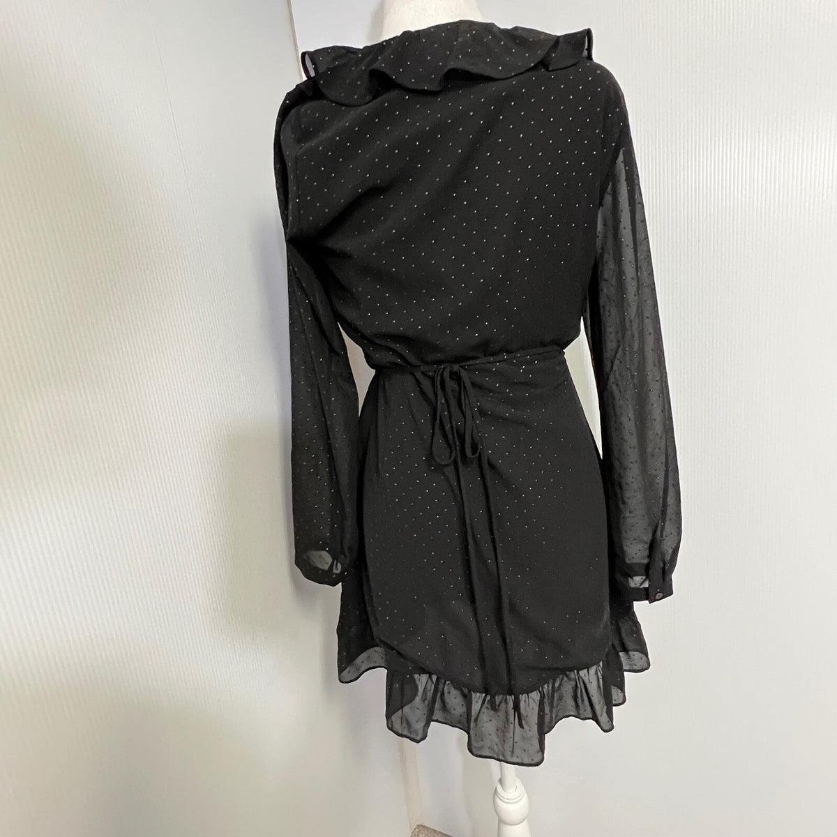 ALLSAINTS Niyah Shimmer Wrap Dress Black Ruffle V Neck Long Sleeve Mini S