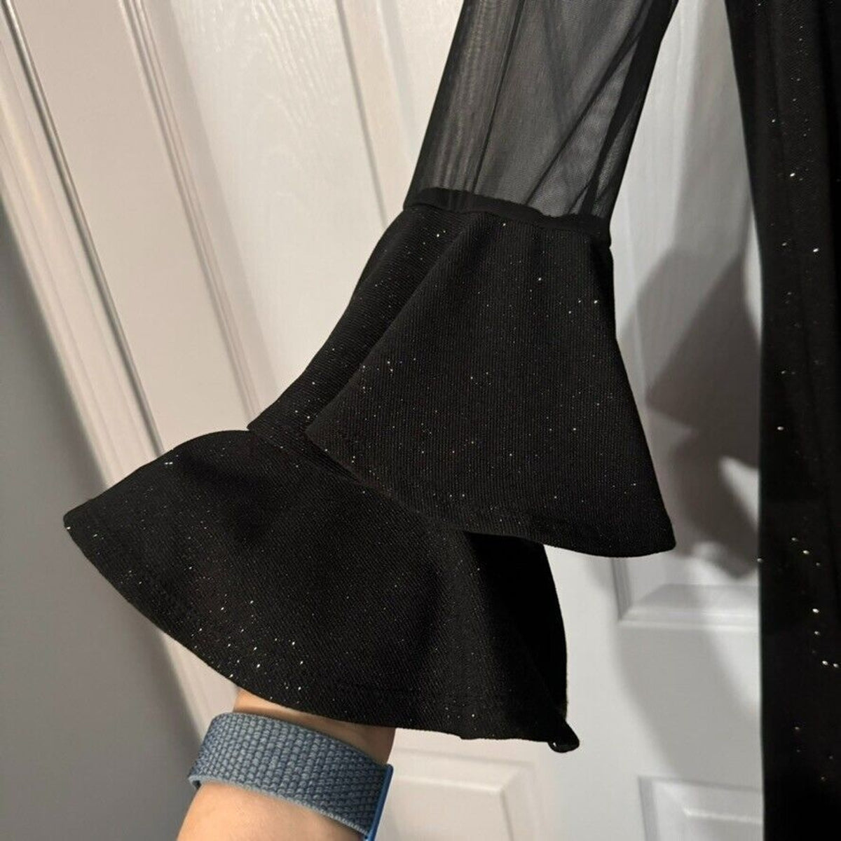 Bonnie Jean Sz 16 Girls Sparkle Black Party Dress with Ruffled Cuff Sheer Detail