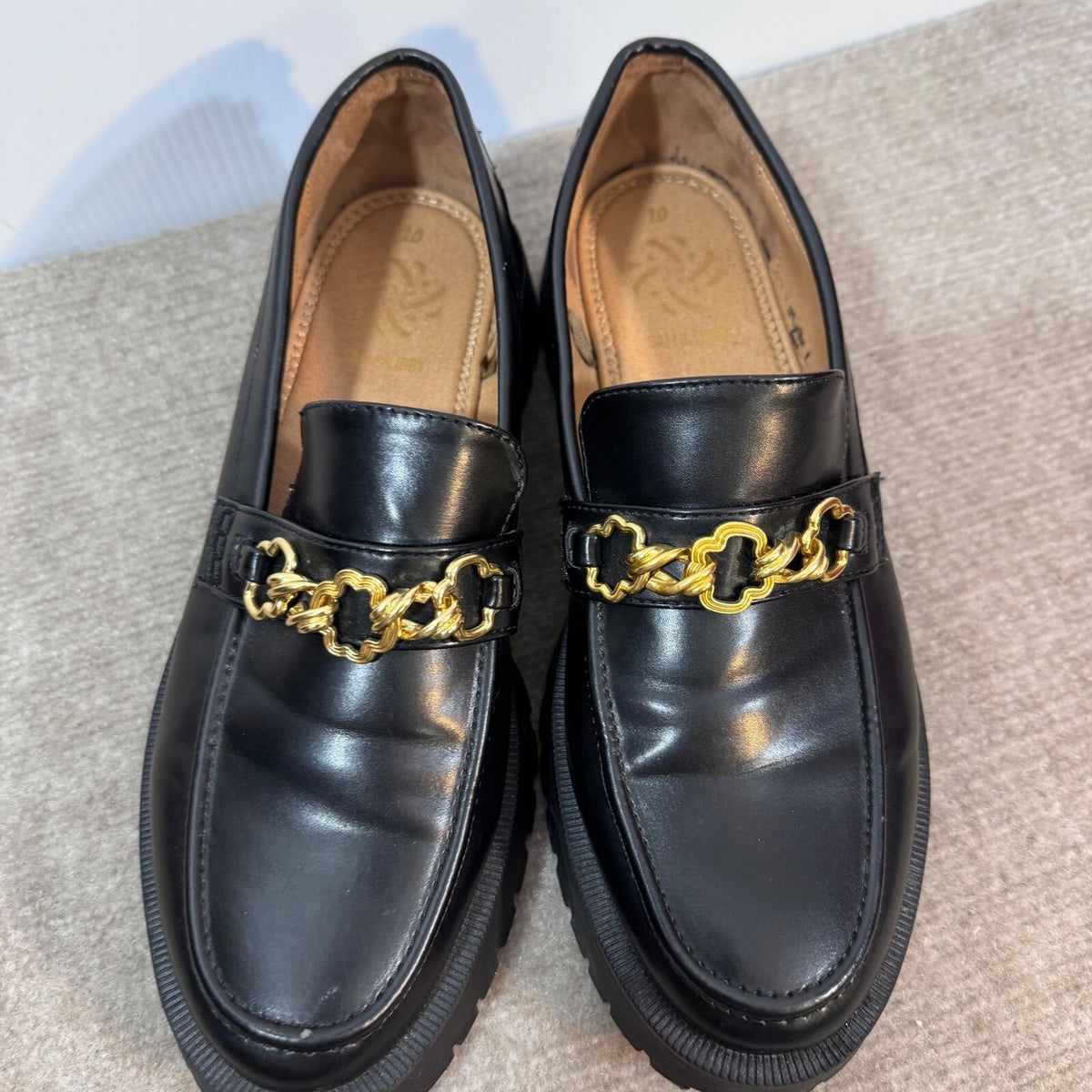 Sam & Libby Loafers Womens 10 Black Gold Chain Lug Sole Platform Preppy Goth