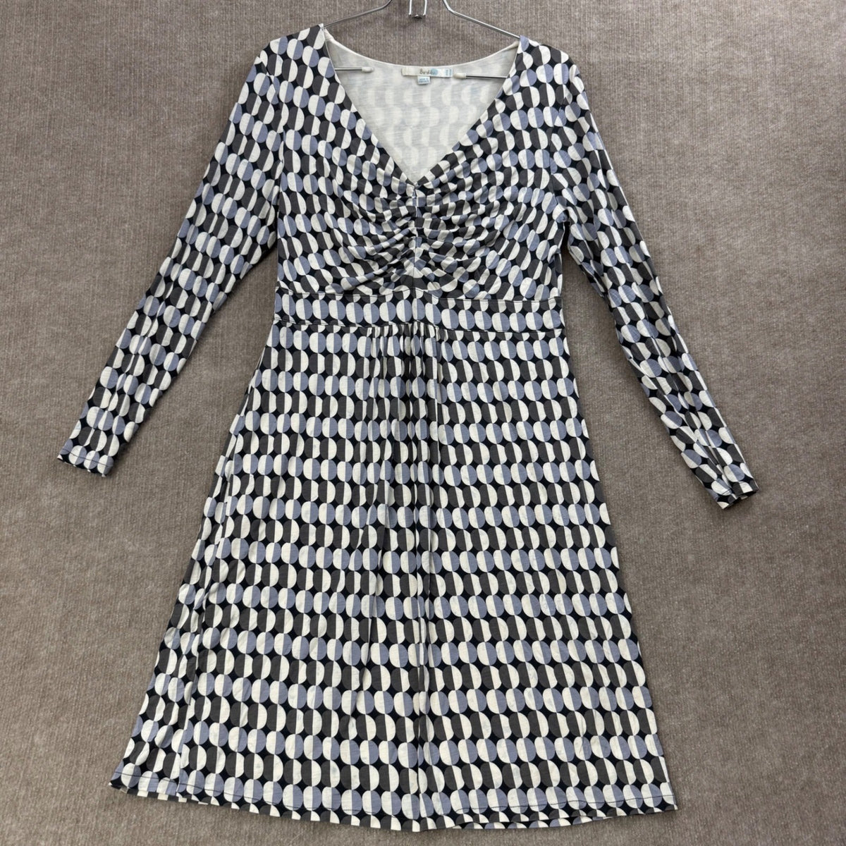 Boden Ruched Front Long Sleeve Geometric Print Midi Dress 12 Jersey Knit