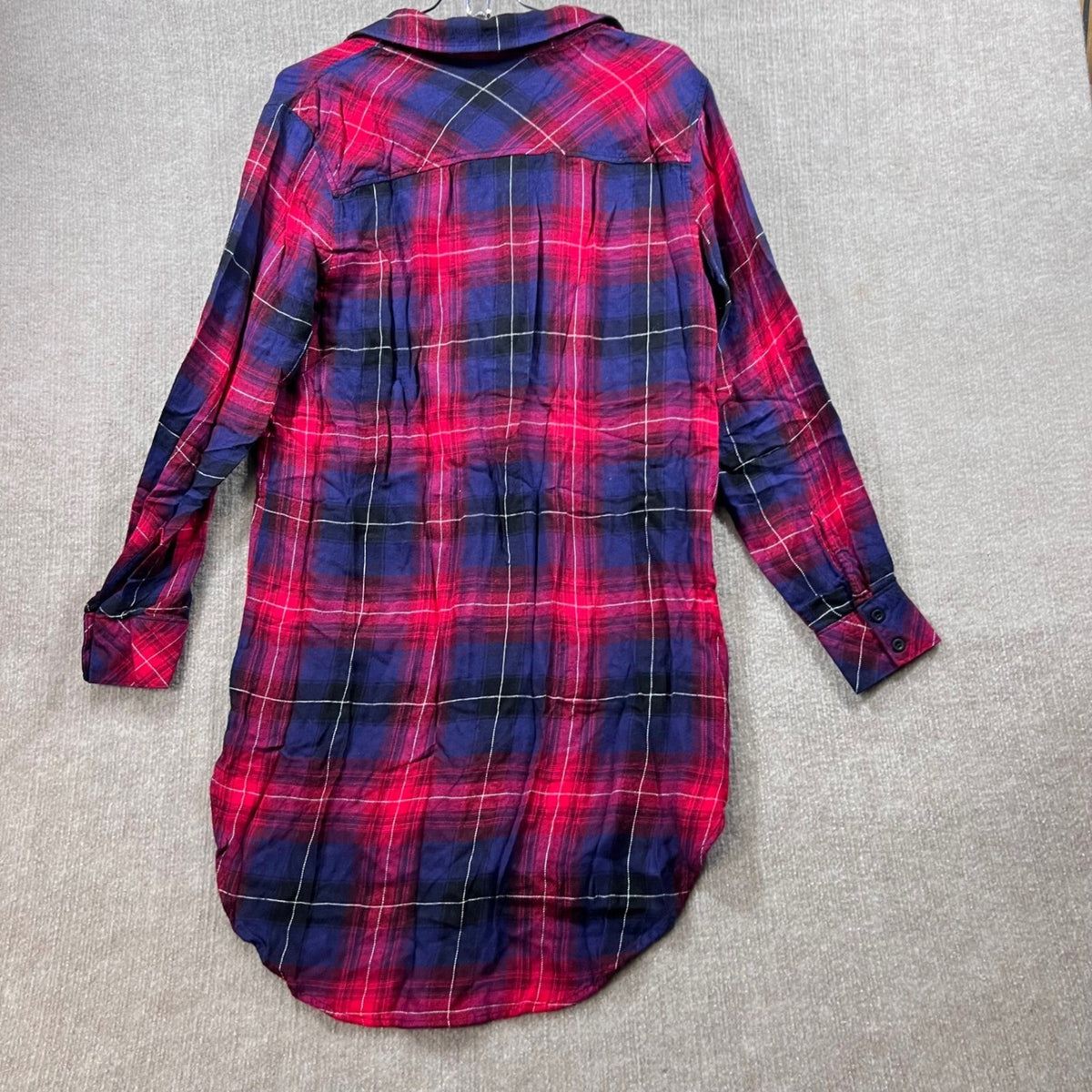 Cloth & Stone Plaid Button Down Long Sleeve Tunic Shirt Women's Size M Red Blue