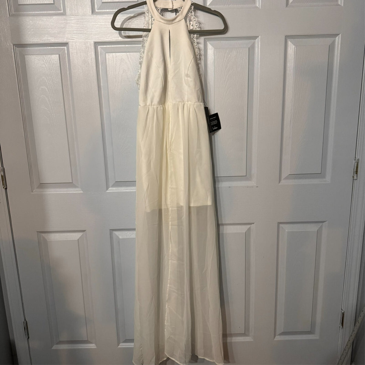 Lulus My Beloved M Lace Maxi Dress Women Small White Keyhole Open Back Layer NWT