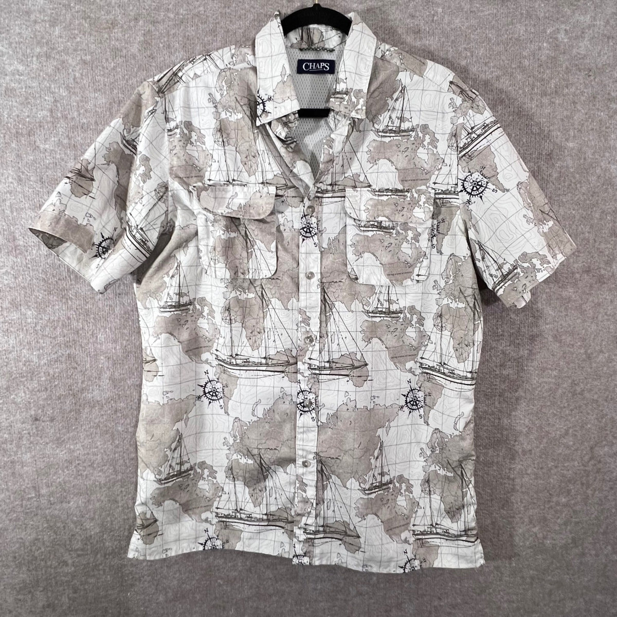Chaps Button Up Shirt Mens Size M Map Sailboat Nautical Tan Tan Beige Gorpcore