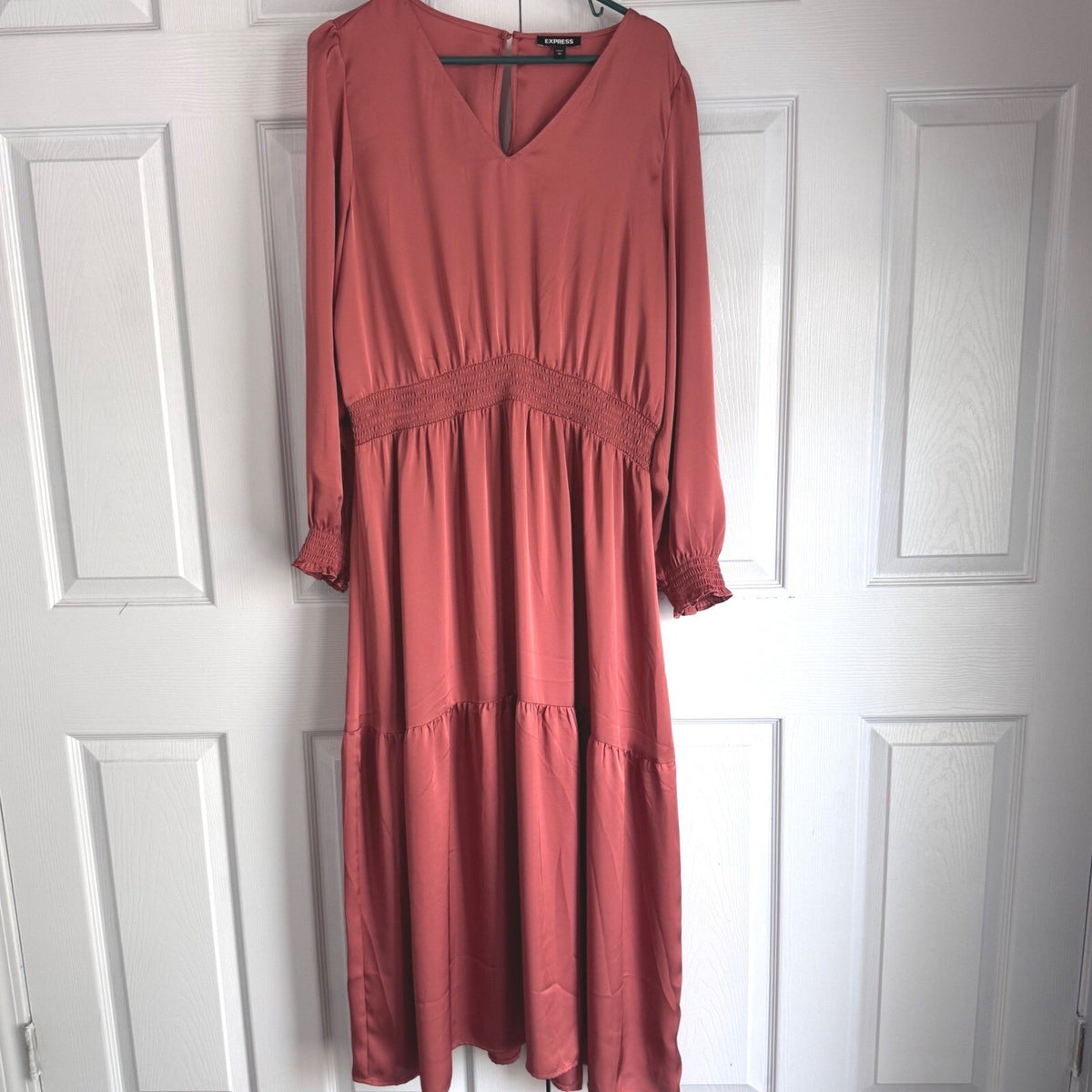 Express Midi Dress Women XL Rust Satin Smocked Waist Tiered Boho Romantic