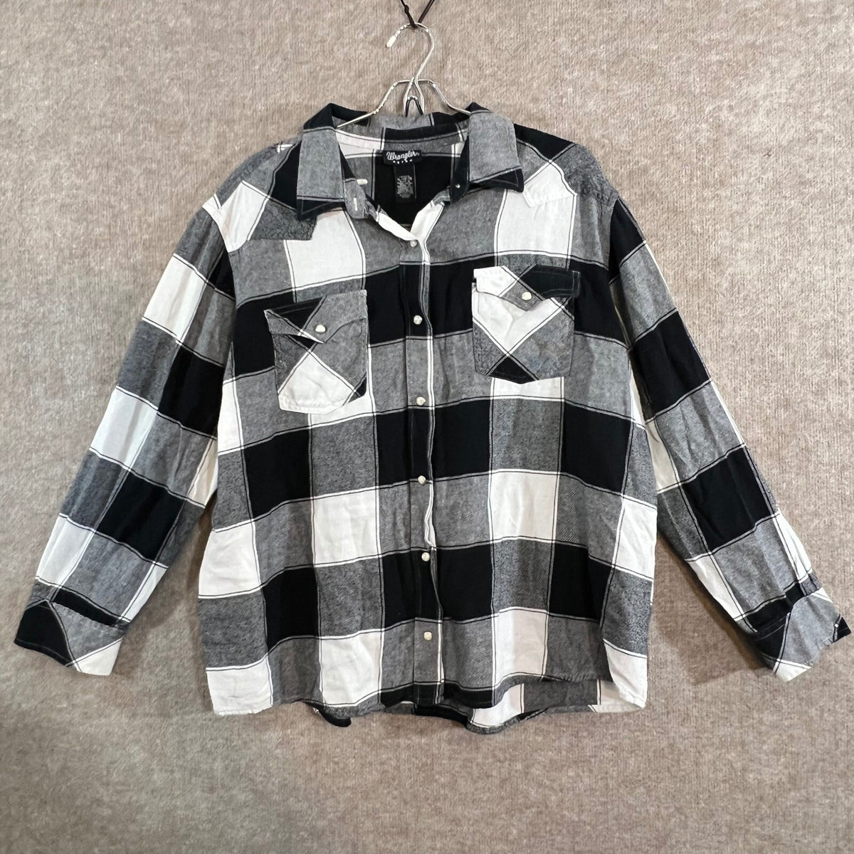 Wrangler Retro Western Shirt Womens XL Black White Buffalo Plaid Pearl Snap