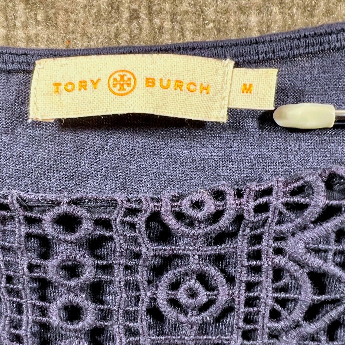 Tory Burch Navy Blue Lace Top 3/4 Sleeve Boat Neck Size Medium