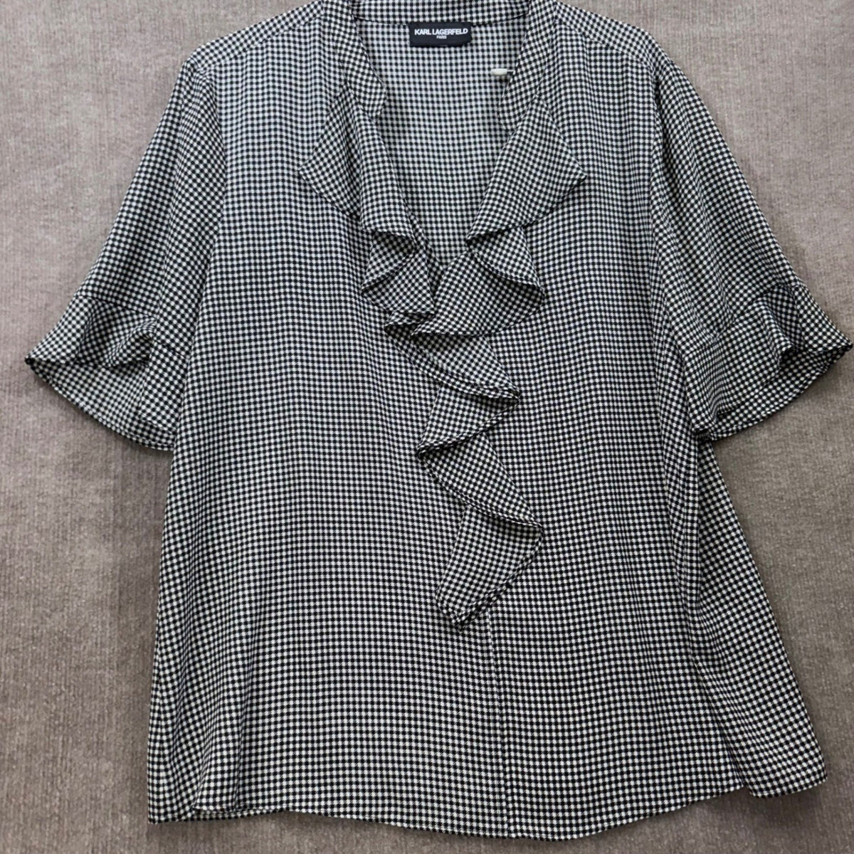 Karl Lagerfeld Paris Black White Gingham Ruffle V Neck Short Sleeve Blouse Top
