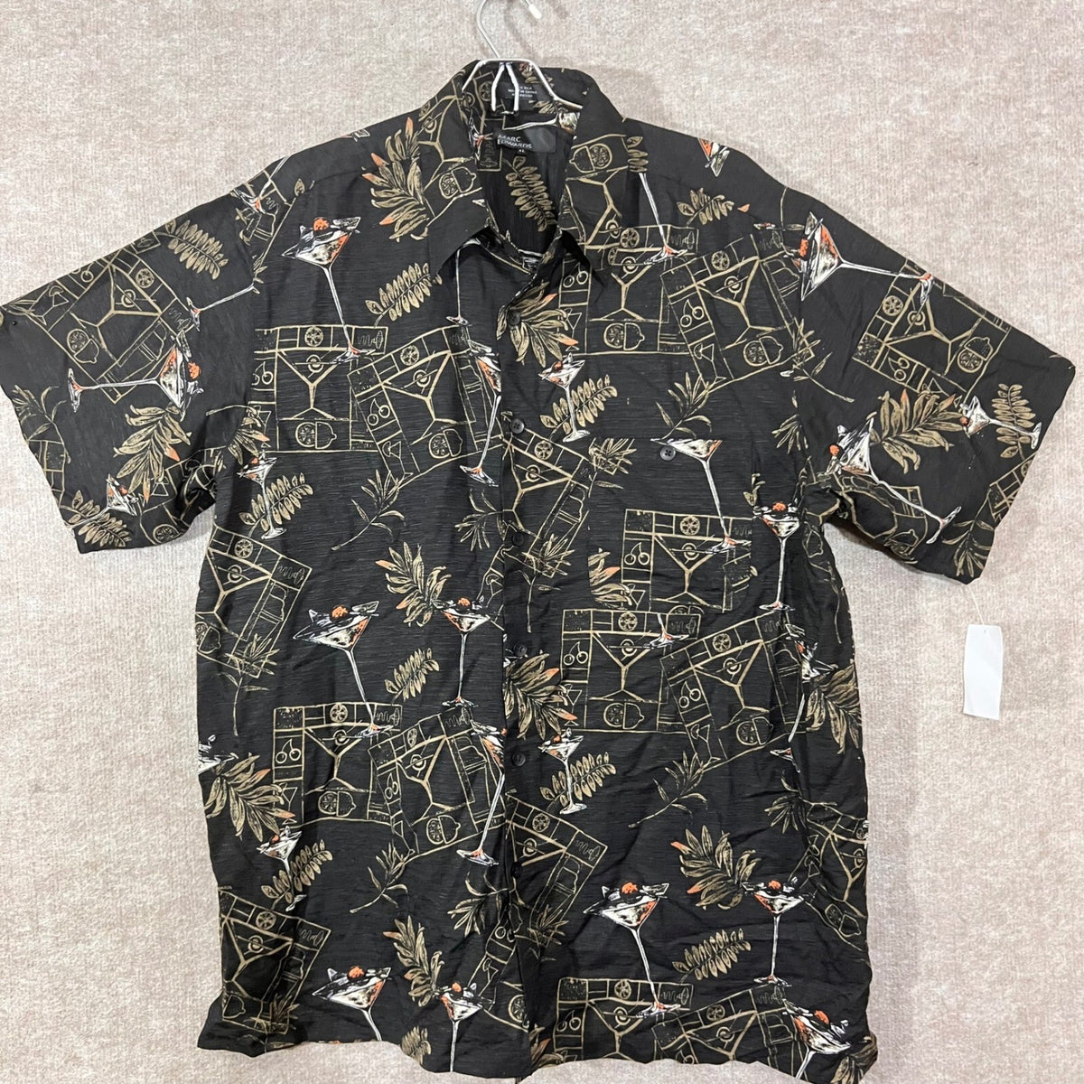 Vintage Marc Edwards Button Down Shirt Mens XL Silk Martini Tropical Black Boho