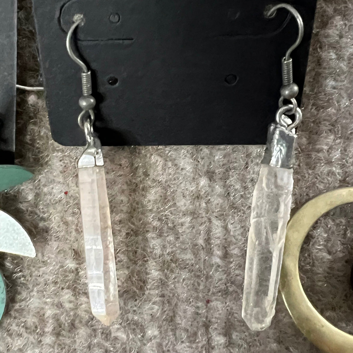 Lot of Boho Earrings Brass Tone Hoops Aqua Geometric Drop Crystal Quartz Points