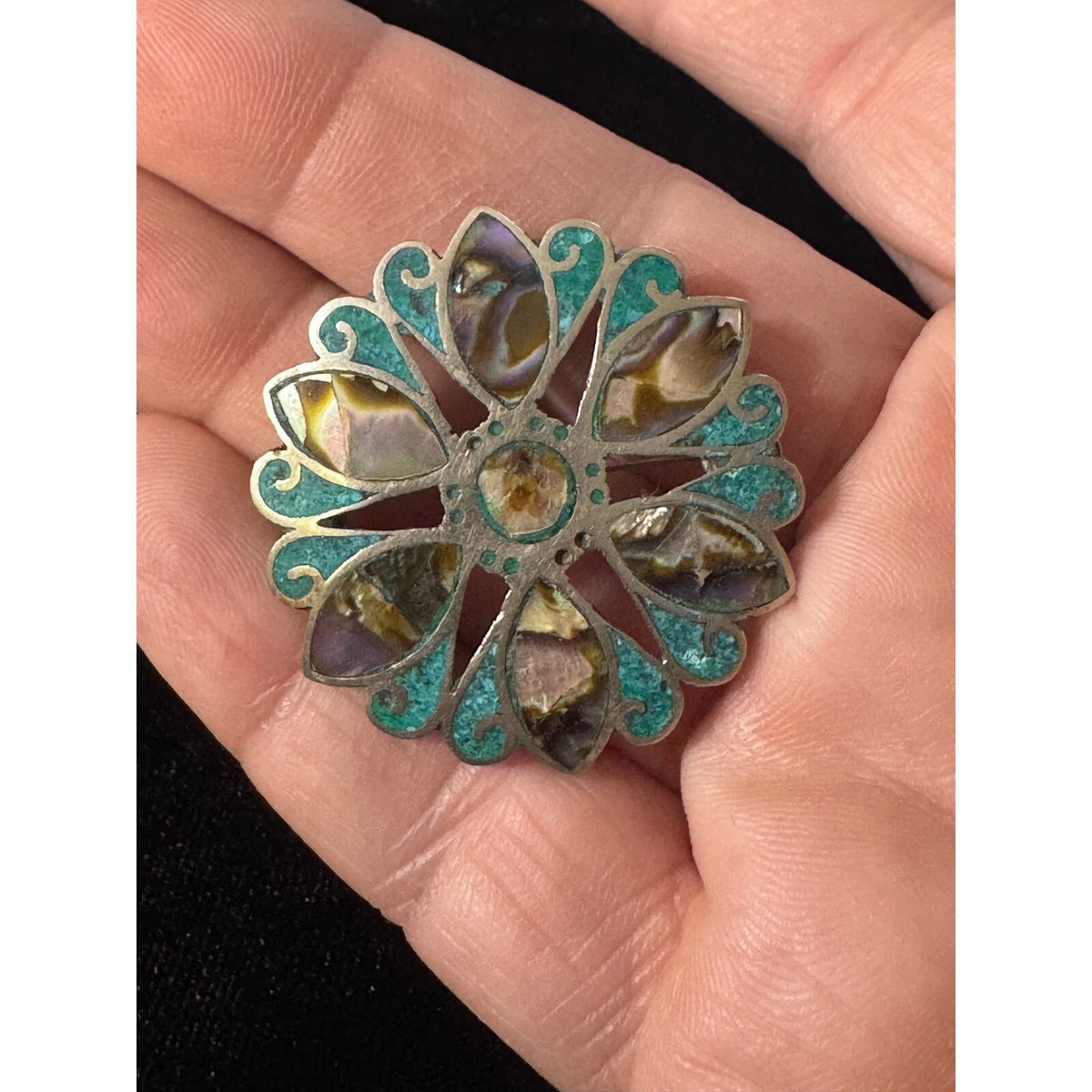 Vintage Taxco Beto Brooch Pendant Unisex OS Abalone Turquoise Inlay Floral READ