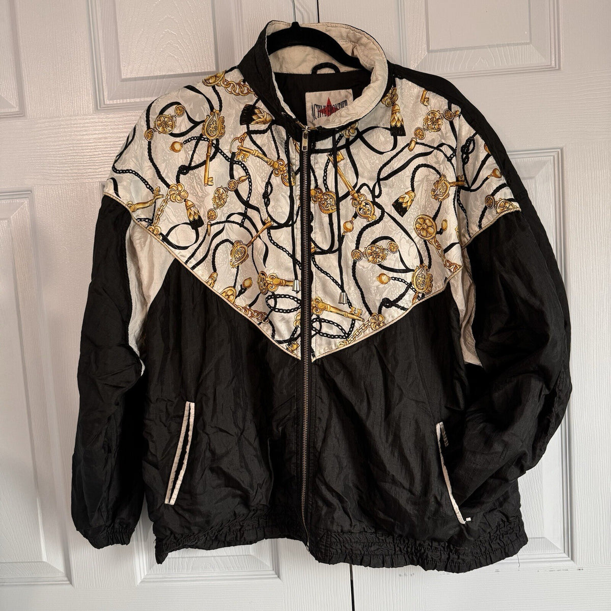 Vintage 90s Active Frontier Women's Large Windbreaker | Key & Chain Print
