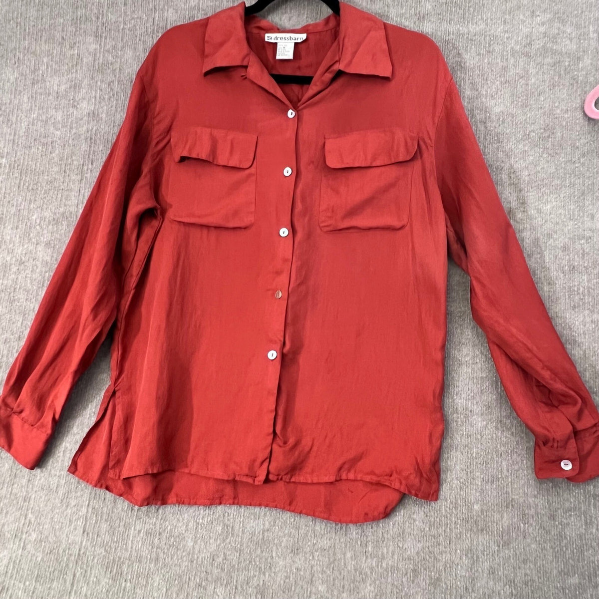 Dressbarn Silk Button-Up Blouse Top Long Sleeve Pockets Rust Red Medium
