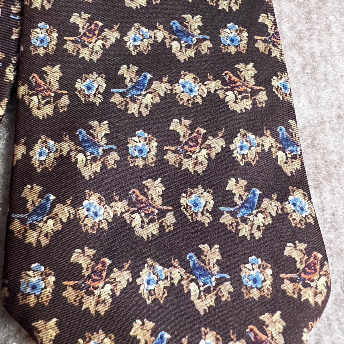 Oscar de la Renta Signature Silk Tie Brown Blue Bird Floral Botanical Necktie
