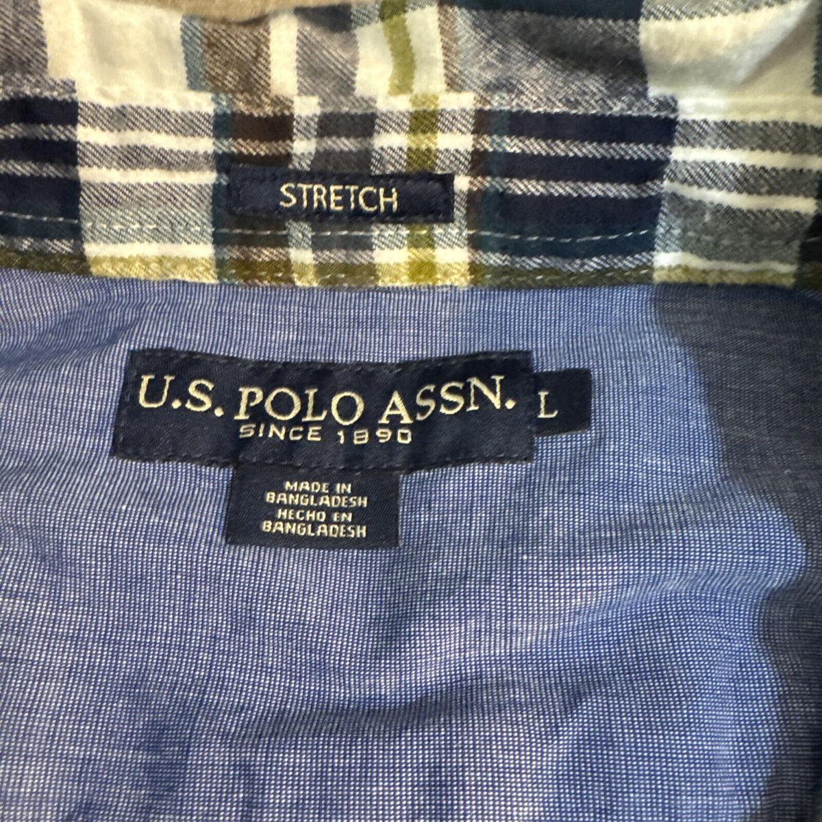 U.S. Polo Assn. Stretch Mens Flannel Button Down Shirt Size L Black Plaid NICE!