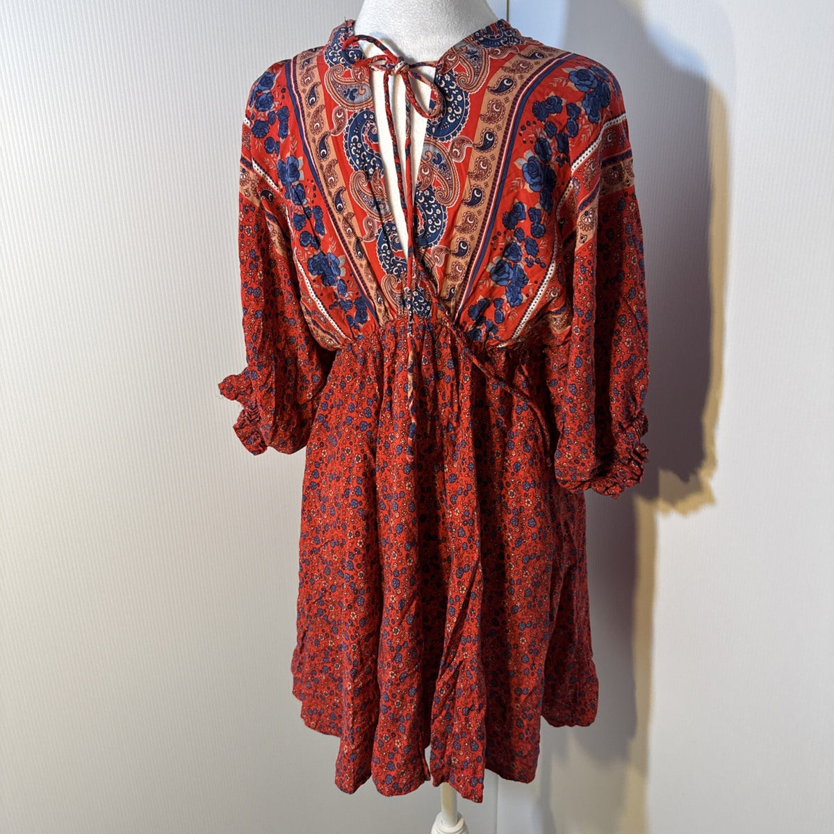 Umgee Boho Summer Red Mini Dress Floral Med Baby Doll Puff Sleeve V neck
