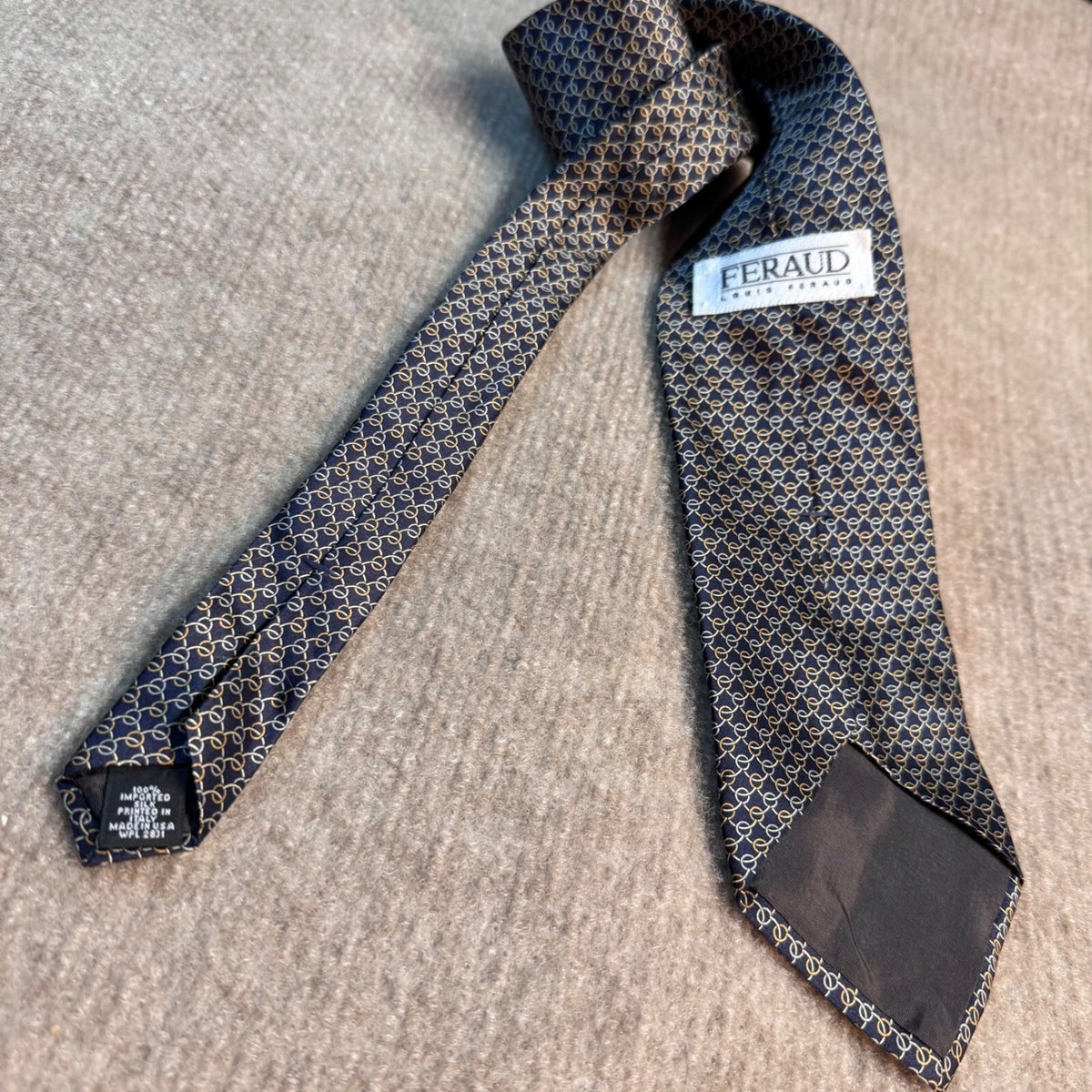 Louis Feraud Silk Tie Mens OS Blue Gold Chain Link Geometric Career Classic