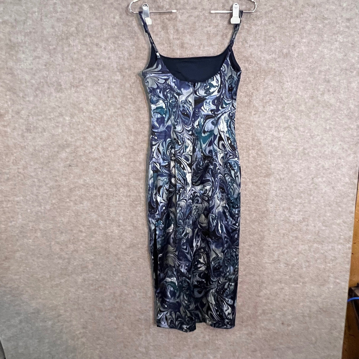 Abercrombie & Fitch Slit Satin Midi Dress S Blue Marble Print Sheath Bodycon