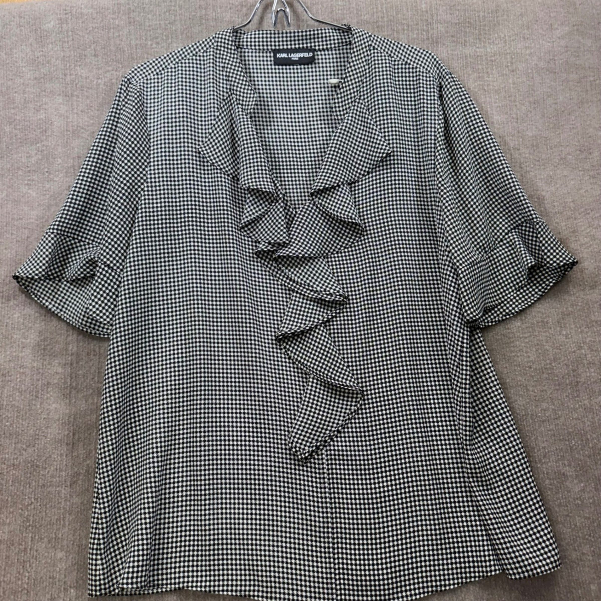 Karl Lagerfeld Paris Black White Gingham Ruffle V Neck Short Sleeve Blouse Top