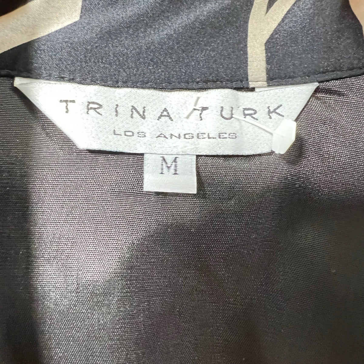 Trina Turk M Silk Spandex Abstract Signature AOP Button Up Top French Cuff READ