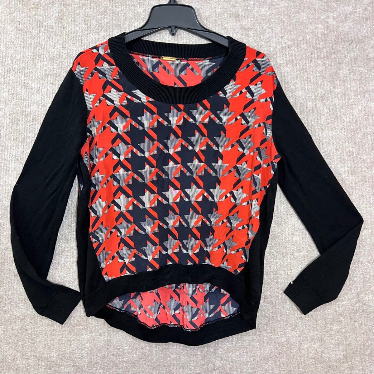 Rebecca Minkoff Silk Cashmere Mixed Media Top Small Red Houndstooth FLAW