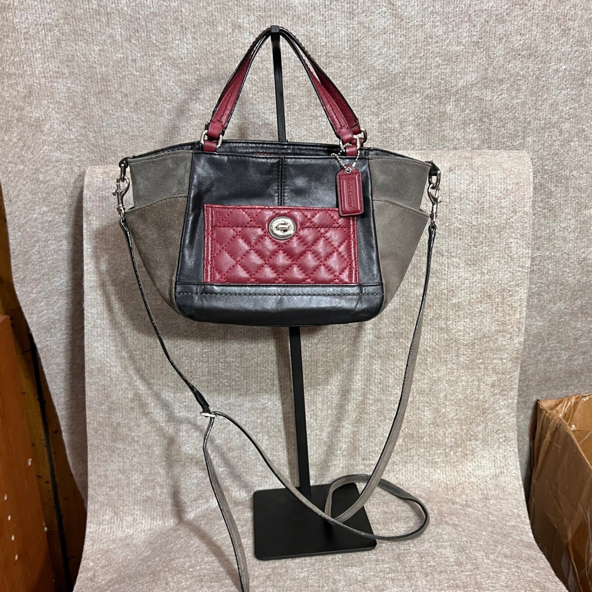 Coach Satchel Handbag Women Small Black Leather Suede Quilted Red Crossbody