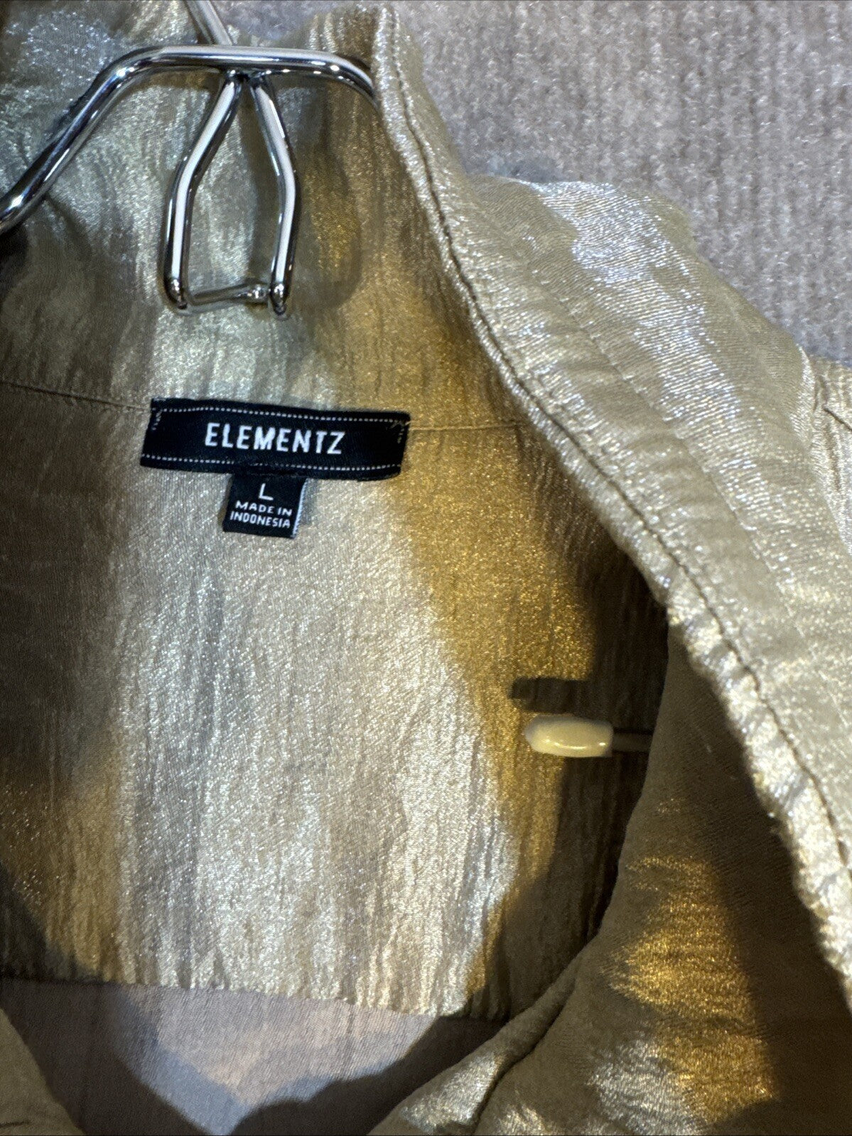 ELEMENTZ Gold Blouse Bomber Shimmery/Roll Sleeves/Drawstring Collar L Glam