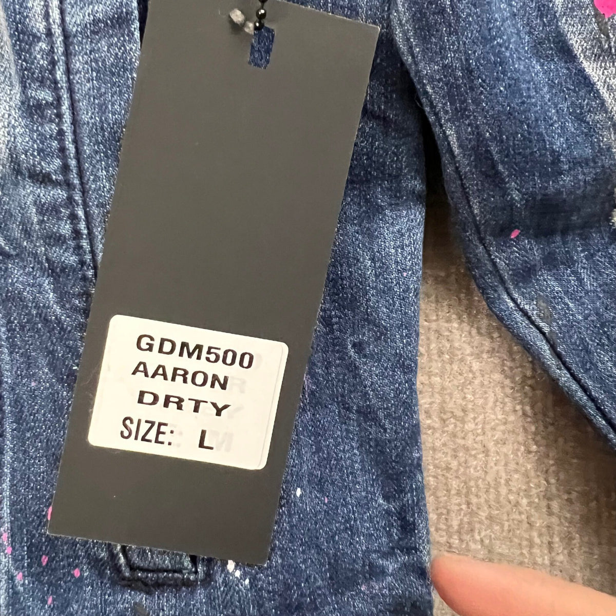 GFTD Los Angeles Aaron Drty Denim Jacket Paint Splatter Distressed Size L NWT