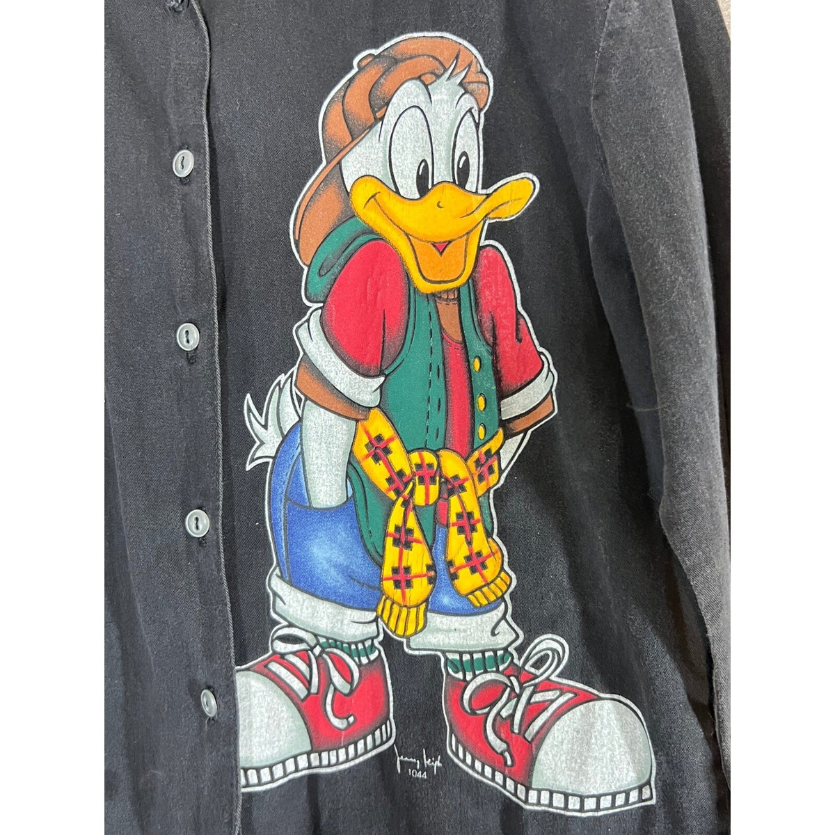 Vintage 90s Disney Donald Duck Shirt Women M Mickey Unlimited Black Denim Button