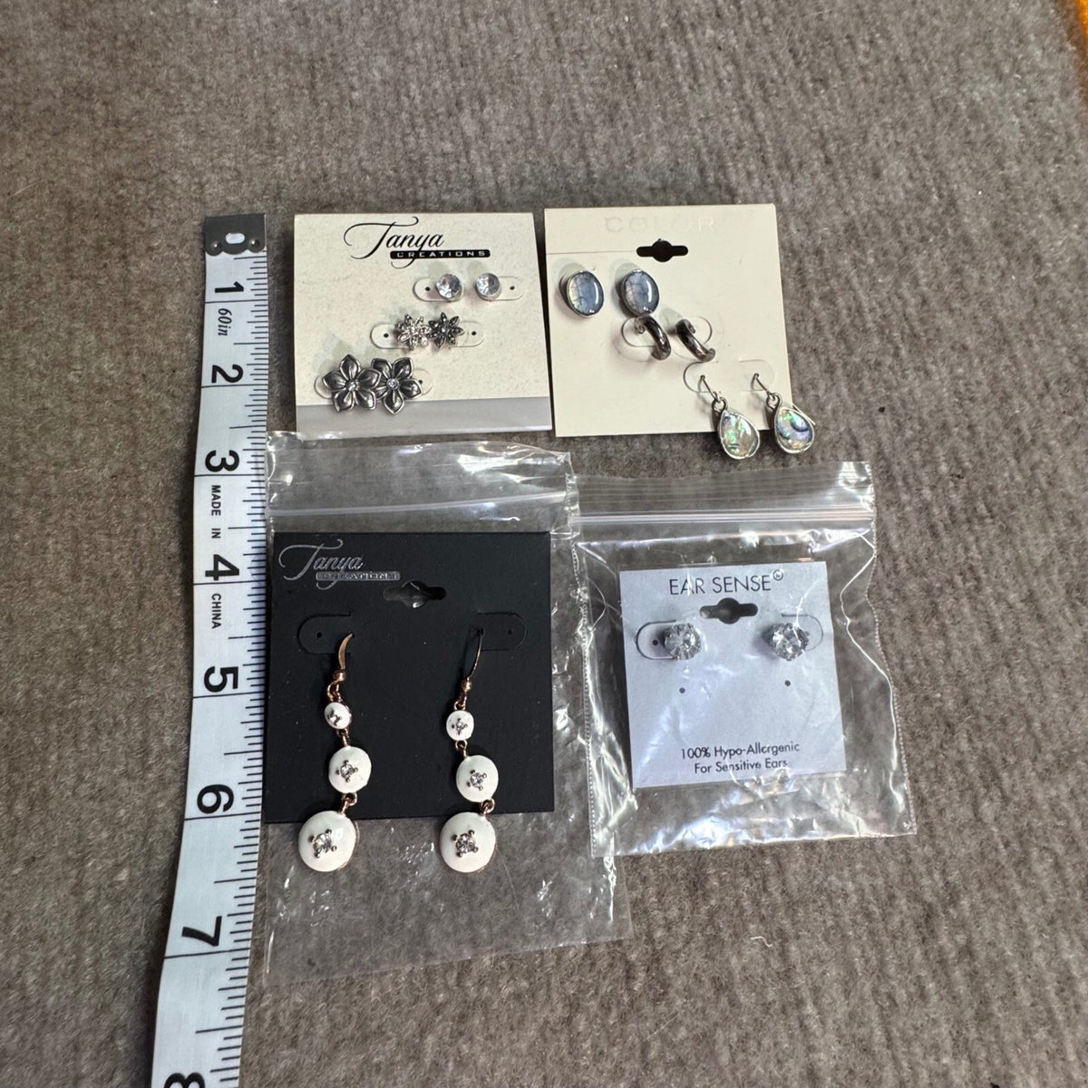 Tanya Creations Earrings Lot 4 Pairs Stud Dangle Floral Abalone Look Crystal