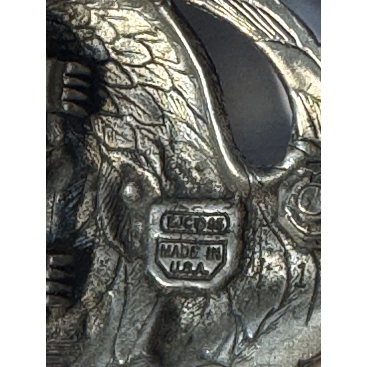 Vintage 1995 EJC Pewter Bald Eagle Belt Buckle Diamond Cut Black Enamel USA.