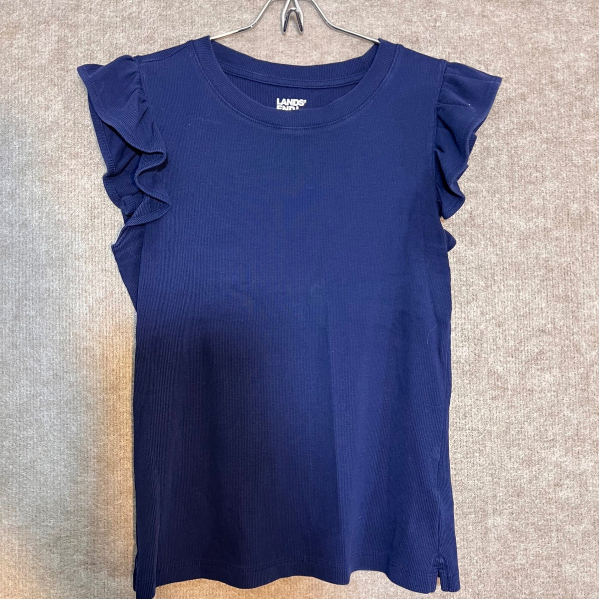 Lands End Ruffle Sleeve T-Shirt Girls XS Navy Blue Ribbed Cotton Blend Preppy
