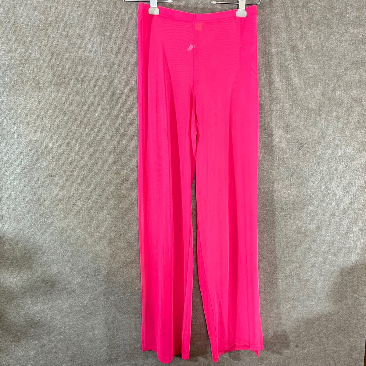 Daisy Sheer Mesh Pants Women L Neon Pink Wide Leg High Side Slit Festival Beach