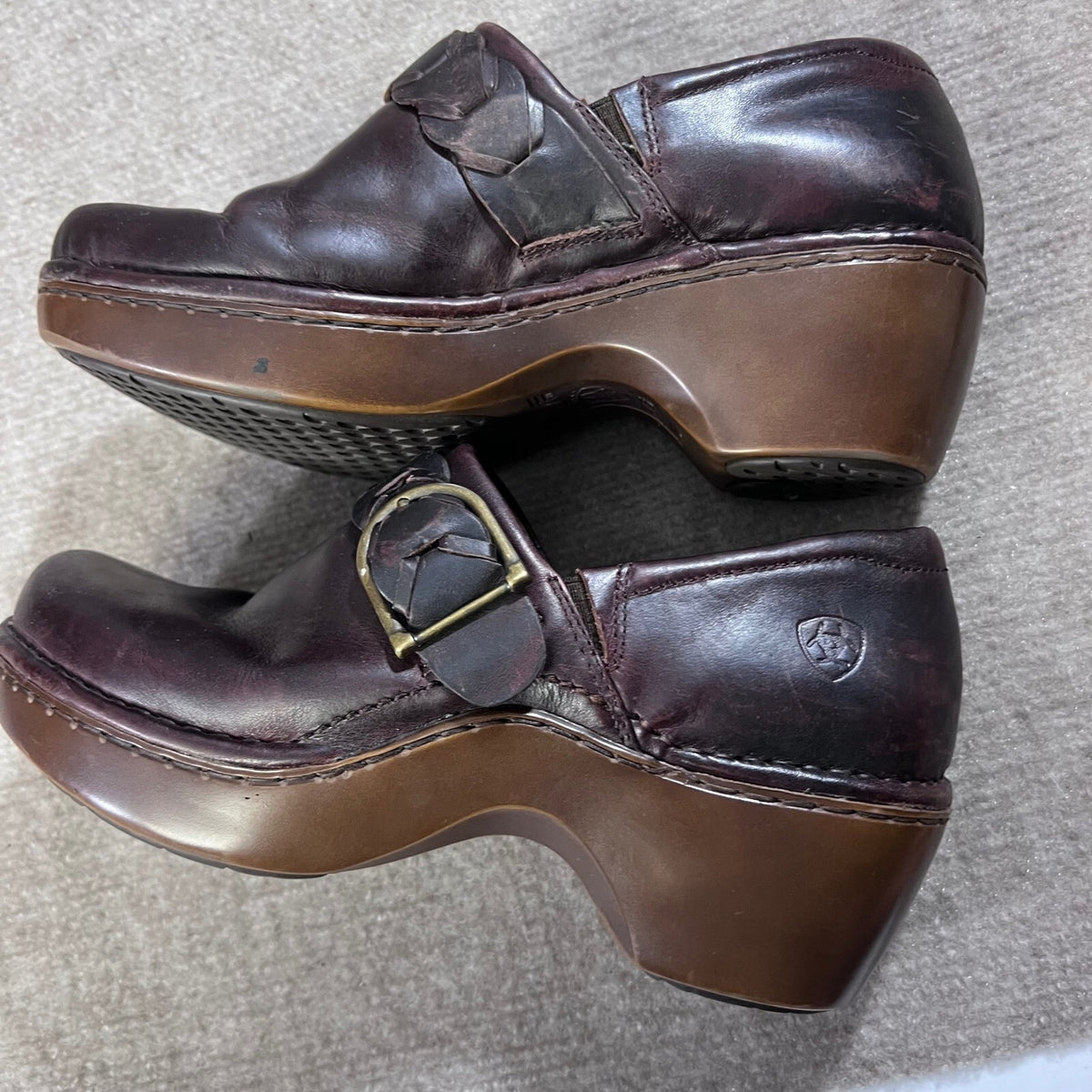 Ariat Leather Clogs Women's Size 9 EU40 Brown Braided Buckle Accent Comfort Shoe