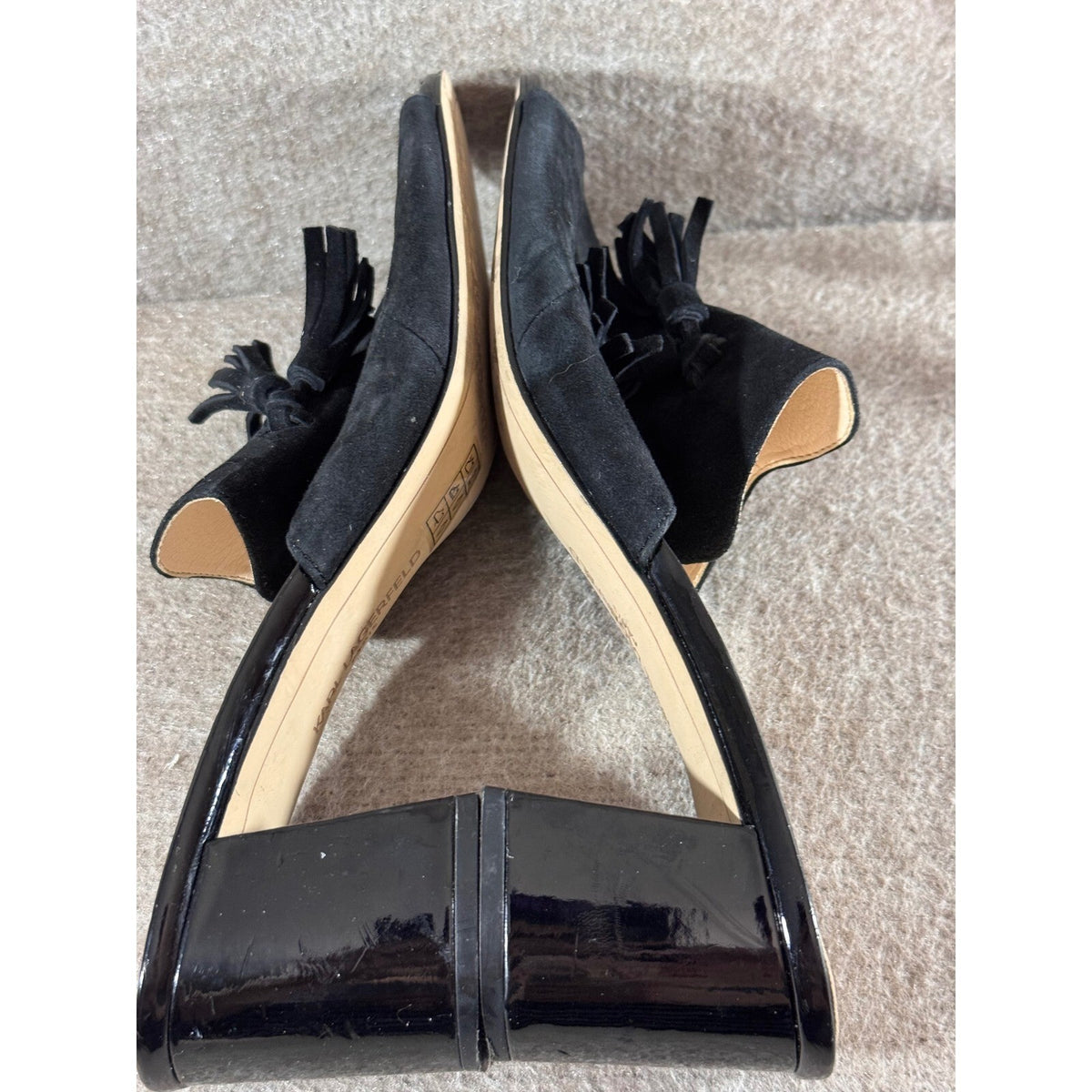 Karl Lagerfeld Hettie Black Mules Women 10 Suede Tassel Block Heel Chic