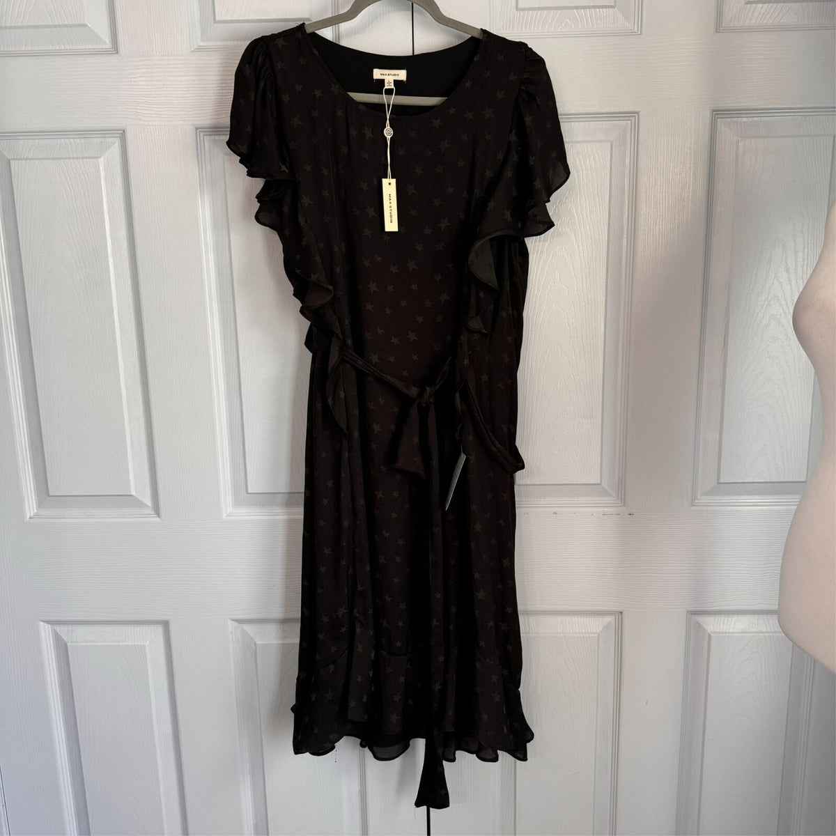 Max Studio Black Star Print Ruffle Flirty Hi-lo hem Dress Sz L Orig $138