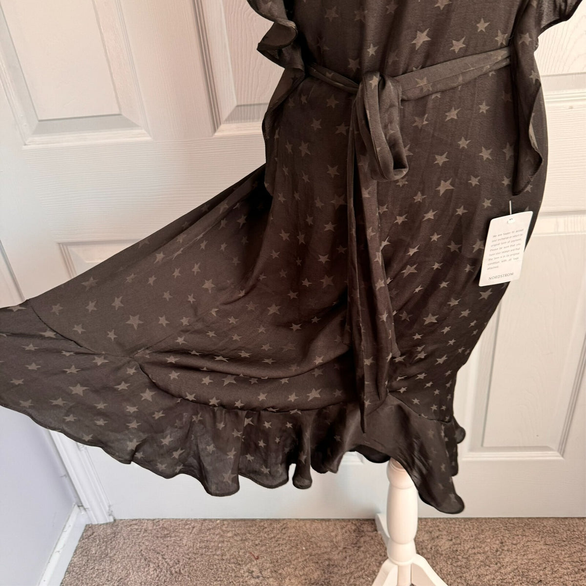 Max Studio Black Star Print Ruffle Flirty Hi-lo hem Dress Sz L Orig $138