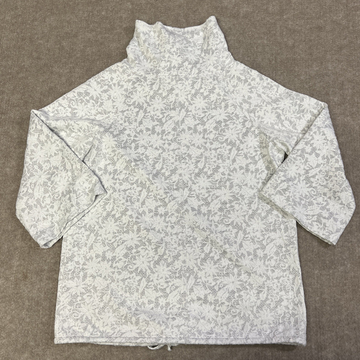 Chaus White Small 3/4 Sleeve Top Mock Neck Floral Lace Drawstring Waist