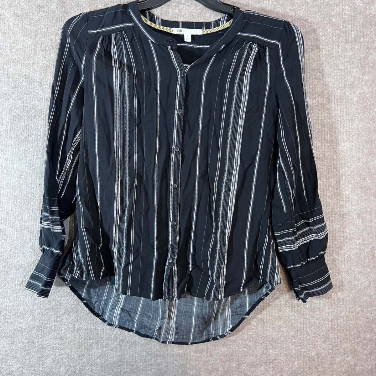DR2 Button Up Top Women Small Black White Striped Rayon Lightweight Minimalist