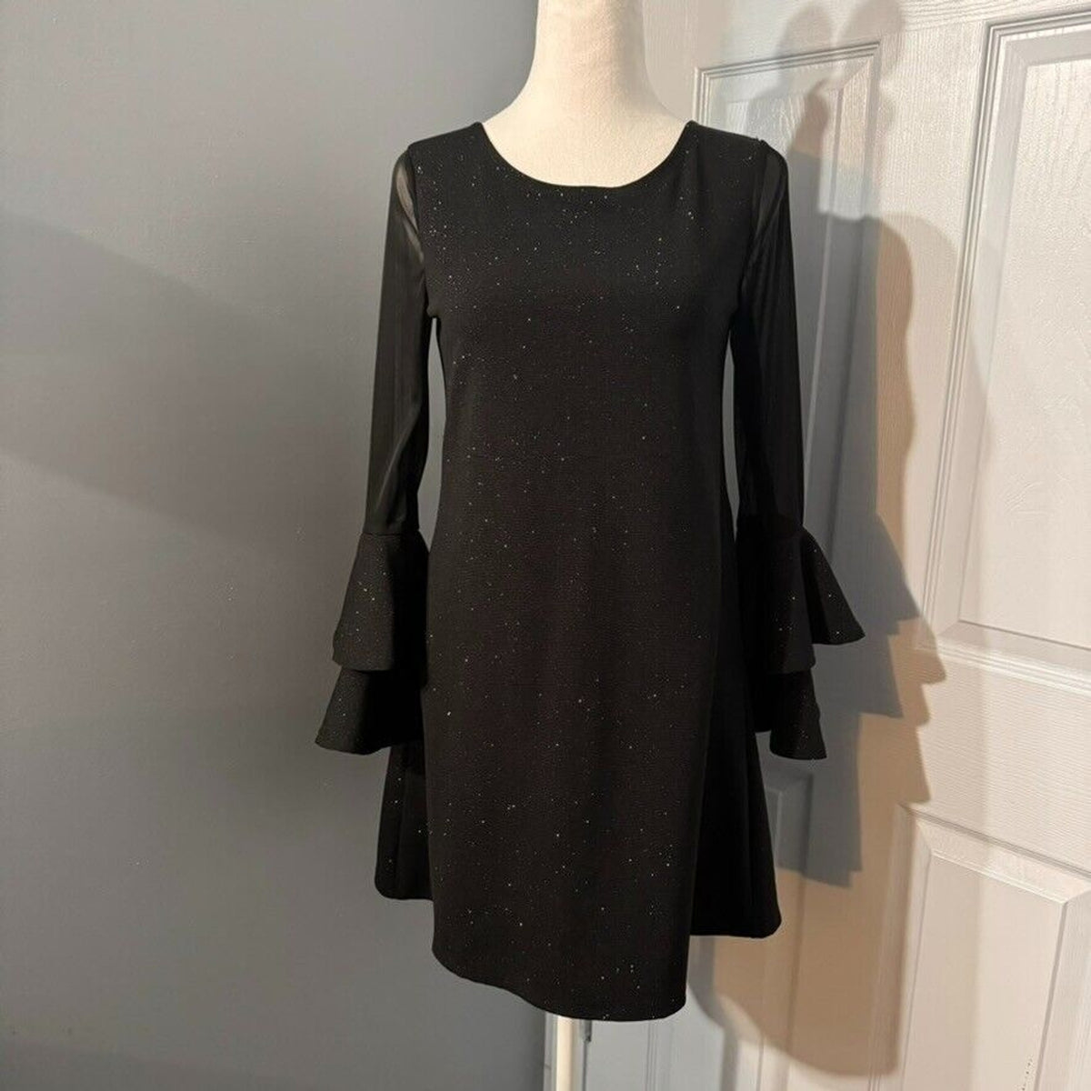 Bonnie Jean Sz 16 Girls Sparkle Black Party Dress with Ruffled Cuff Sheer Detail
