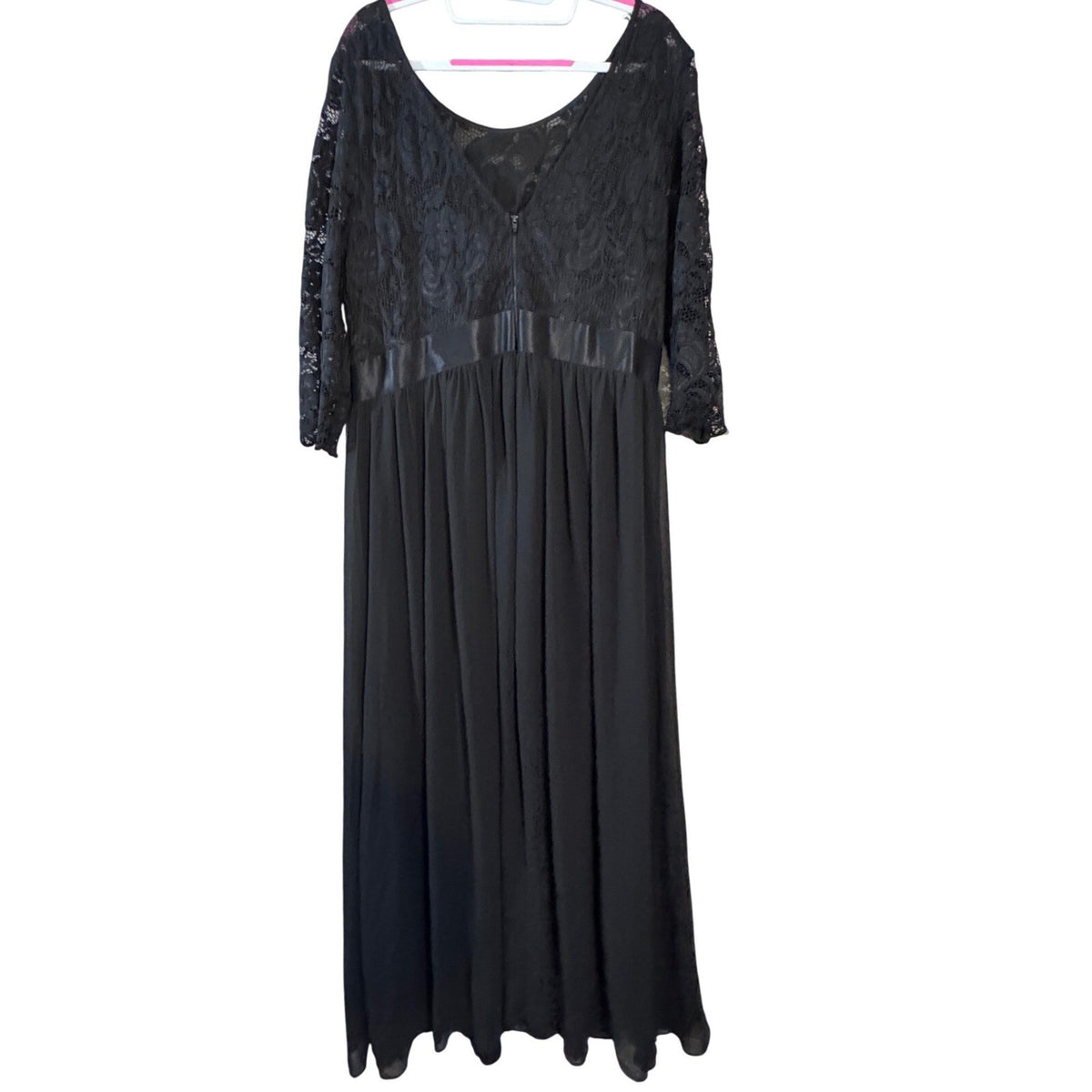 Black Lace Chiffon Maxi Dress Womens XL Gothic Formal Evening Modest 3/4 Sleeve