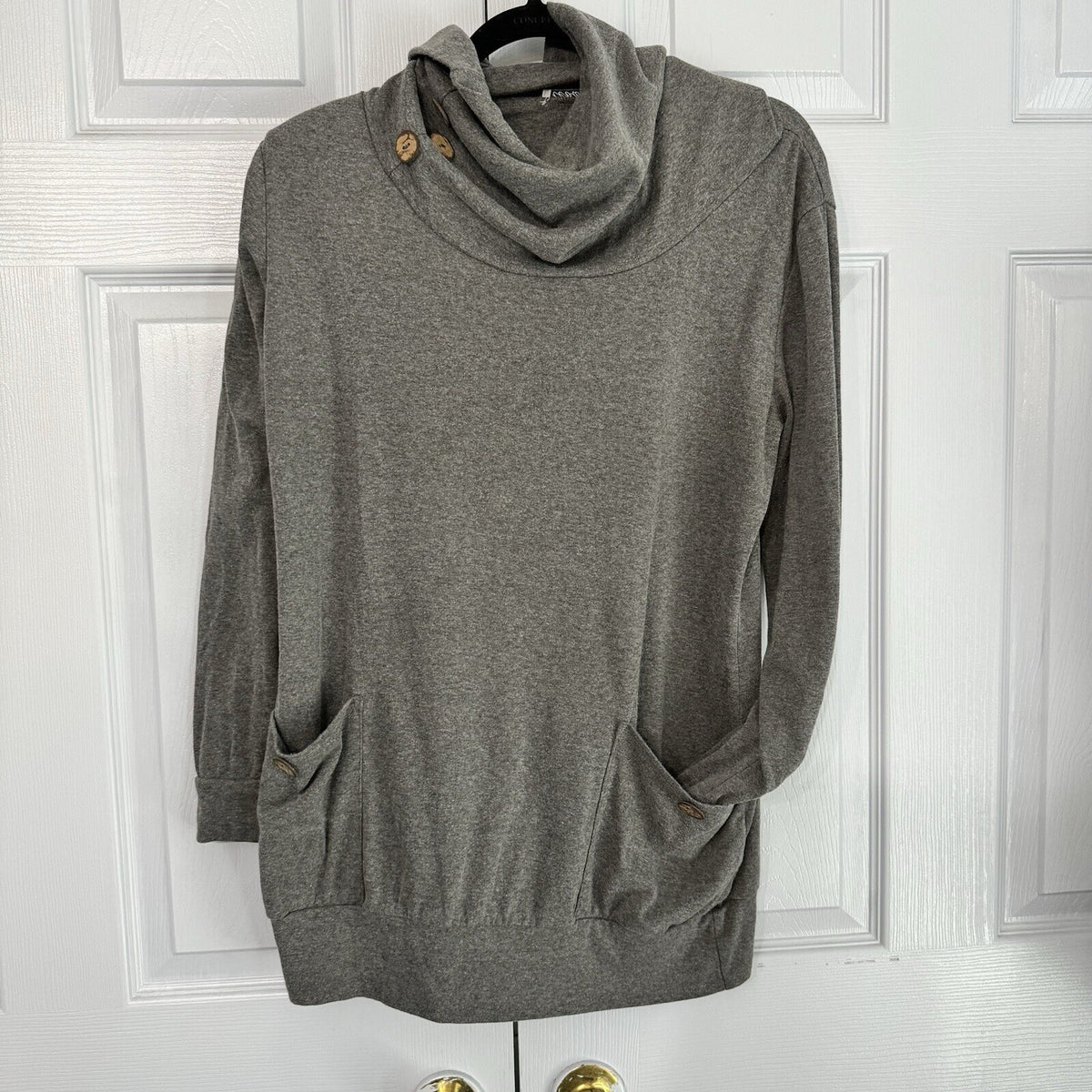 Levaca Grey Cowl Sweater with Pockets - Women Size L, Lagenlook Cozy Layer