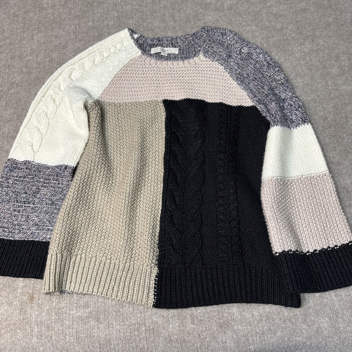 LOFT Colorblock Patchwork Knit Sweater Bell Sleeve Crew Neck Size M