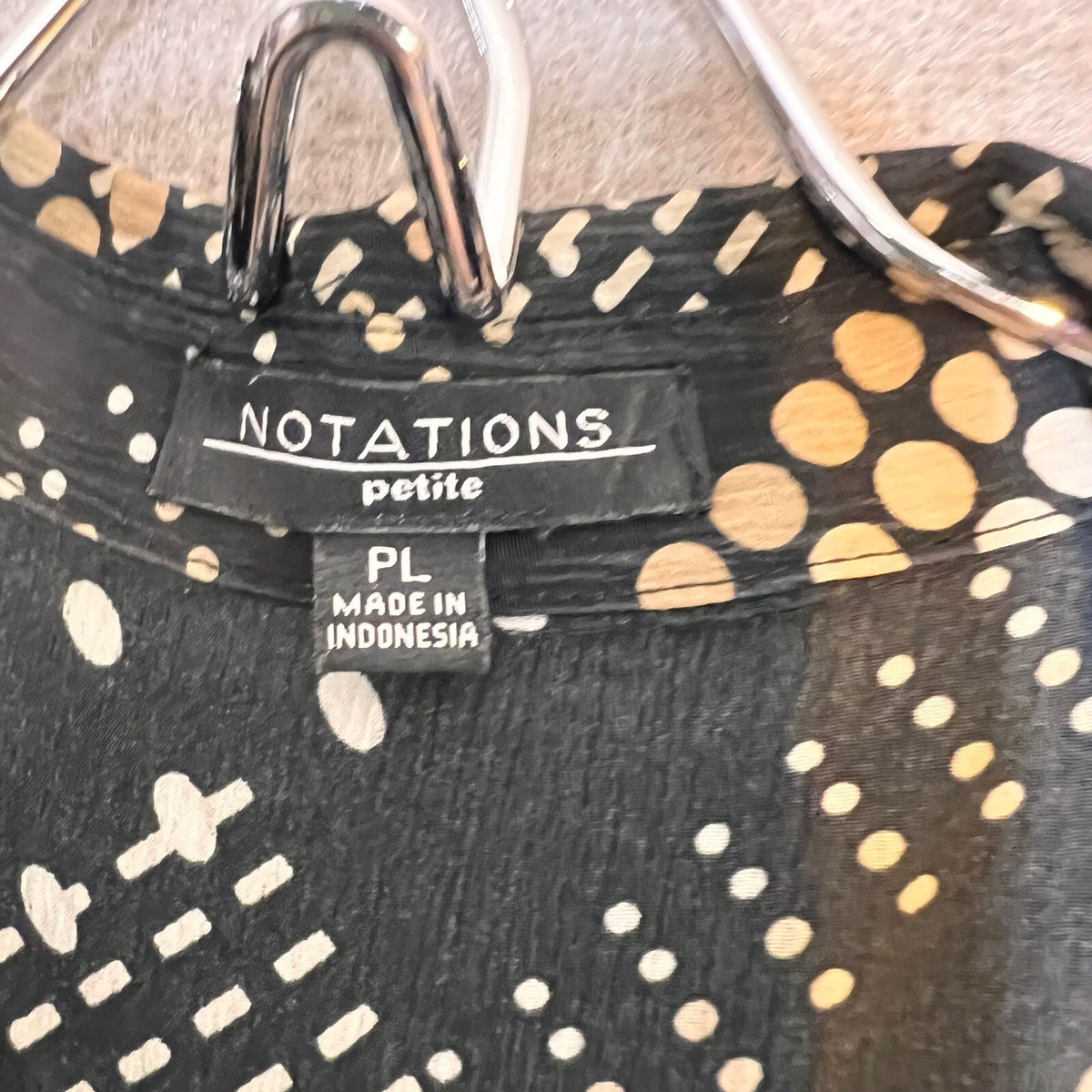 Notations Blouse Womens PL Black Tan Geometric Dot Button Up Career Workwear